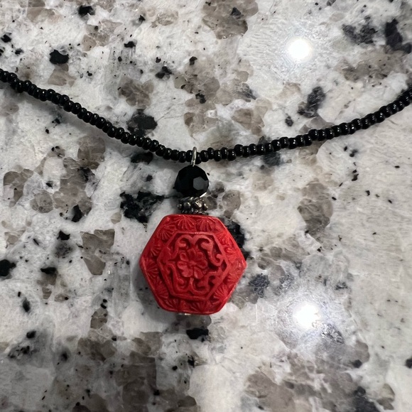 Red Cinnabar Pendant Black beaded Necklace - Picture 2 of 6